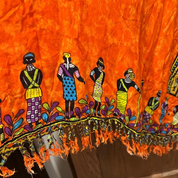 SOL Orange Dashiki Caftan Dress Free Size Bohemian Festival Fringe - Picture 2 of 7